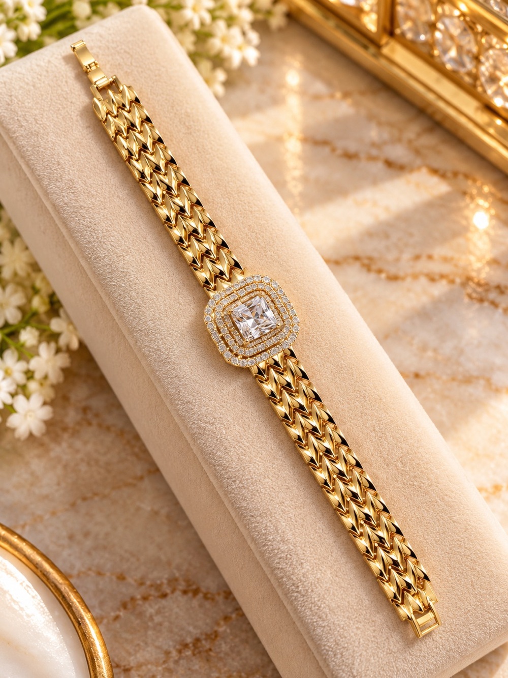 18K Gold Filled 7.5” Luxury Statement Bracelet. Clear AAA CZ Cuban Link. Unisex